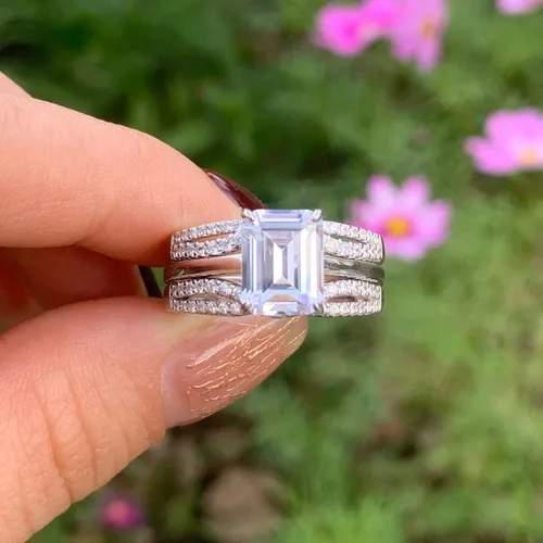 Miniatura 4 de Wuziwen Anillo de novia realzador de 2 quilates para anillos de compromiso para mujer, diseño de corazón de princesa, esmeralda ovalada, plata