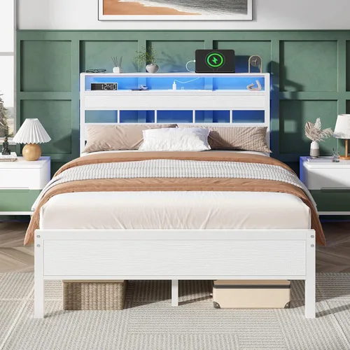 Miniatura 11 de Furnulem Base de cama individual con estación de carga y luces LED, cama de plataforma de tamaño individual con listones de metal, cabecera de Roble
