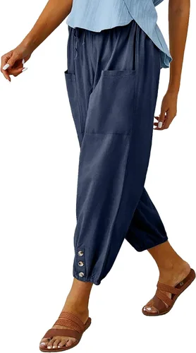 WROLEM Pantalones capri de cintura alta para mujer con bolsillos, pantalones cortos de pierna ancha para mujer, color negro, talla S