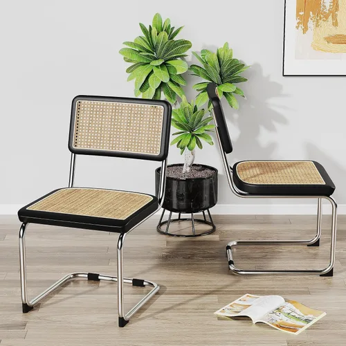 Miniatura 4 de Juego de 2 sillas de comedor de ratán modernas de mediados de siglo con respaldo tejido de ratán natural y asiento, sillas laterales tapizadas sin