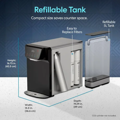Miniatura 4 de Brio Enfriador de agua Sparkling 600 para encimera, sistema de filtro de 2 etapas y esterilizador de agua UV, reduce PFAS y microplásticos, tanque