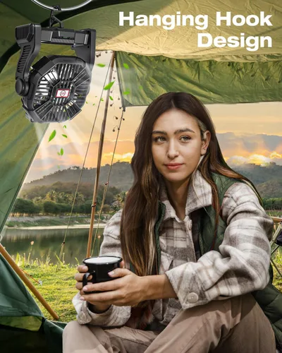 Miniatura 4 de AEscod Ventilador de camping portátil, recargable con luces LED, gancho para colgar, rotación de 270°, ventilador de batería de 20000 mAh