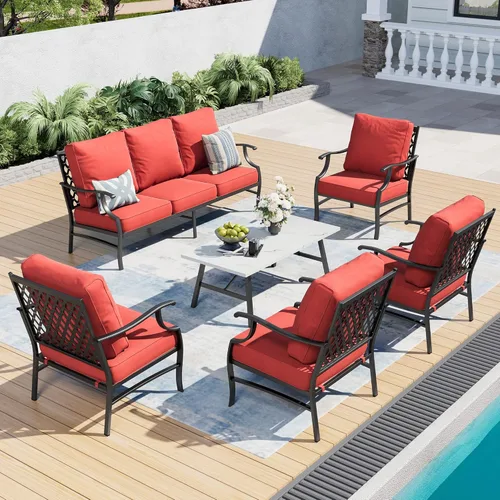 Miniatura 43 de SUNSHINE VALLEY Juego de muebles de patio al aire libre de 7 piezas, moderno juego de conversación de patio exterior con cojín extra grueso de 5.75