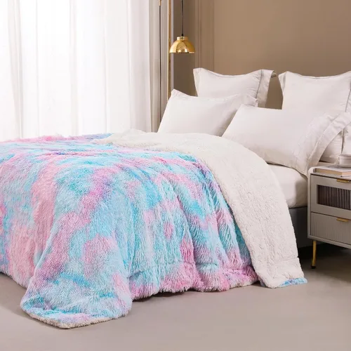 Miniatura 2 de Exclusivo Mezcla Manta de Cama Mullida de Piel Sintética Tamaño King, Mantas Reversibles Shaggy de Vellón Sherpa Teñido Tie Dye, Mantas Mullidas