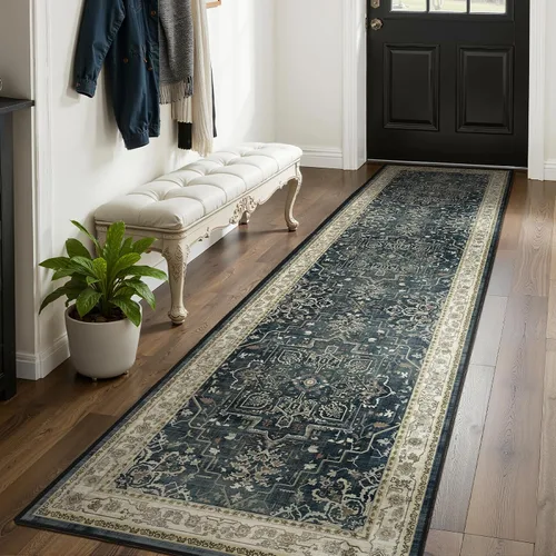 Miniatura 19 de Alfombra de pasillo profundo azul 2x8, alfombra de pasillo lavable antideslizante para entrada interior, alfombra de medallón vintage de 0.27