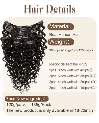 Miniatura 3 de Hetto - Extensiones de cabello humano onduladas con clip, color #2 castaño oscuro, extensiones de cabello humano natural para cabeza completa