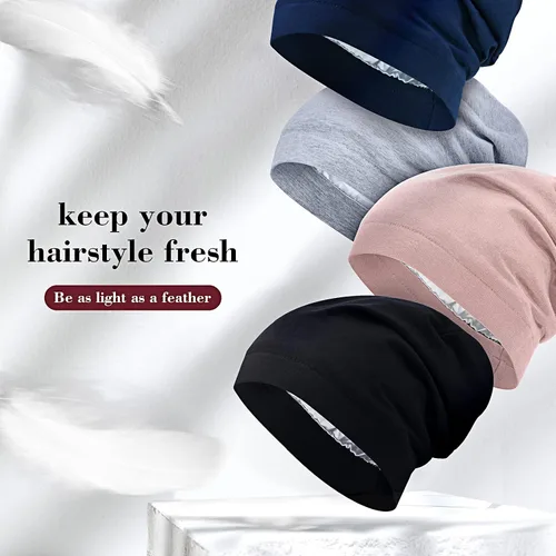 Miniatura 5 de 4 Pieces Satin Lined Beanie Cap Satin Sleep Lined Hat Slouchy Beanie Hat Night Silk Hair Cap for Women Men