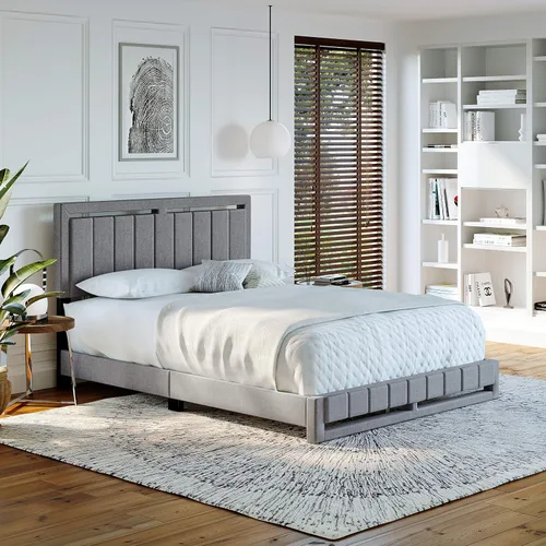 Miniatura 21 de Boyd Sleep Beaumont - Cama de plataforma tapizada con cabecero, base de colchón con 14 soportes de listones de madera, no requiere somier, piel