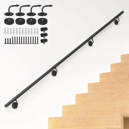 Miniatura 11 de Barandilla de escalera de metal industrial de 5 pies, barandilla de escalera de tubo redondo para escalones de interior/exterior, soporte de pared