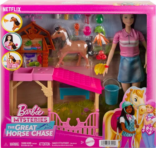 Miniatura 6 de Conjunto de juego de establo de juguetes Barbie con muñeca de moda, poni pequeño y más de 10 accesorios, inspirado en Misterios: La Gran Carrera