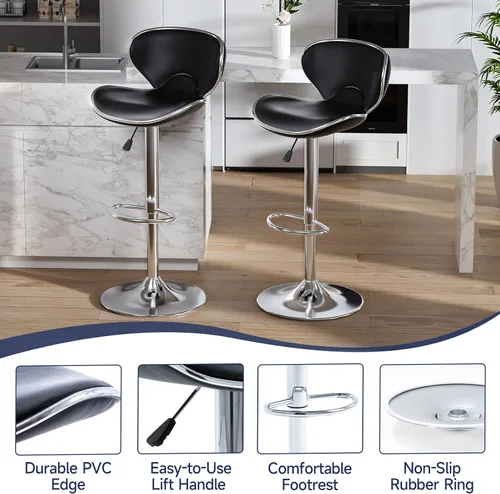 Miniatura 5 de Juego de 2 taburetes de bar, taburetes de bar giratorios ajustables para mostrador de cocina, silla de bar moderna de cuero PU de altura