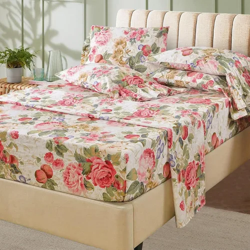 Miniatura 18 de ABREEZE Juego de sábanas con estampado floral beige, juego de ropa de cama bohemio, juego de ropa de cama de lujo de 4 piezas, medallón de damasco
