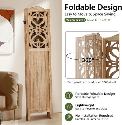 Miniatura 5 de Divisor de habitación de 4 paneles de madera tallada de 5.6 pies de alto, pantalla de privacidad plegable con bisagras dobles, divisor de división