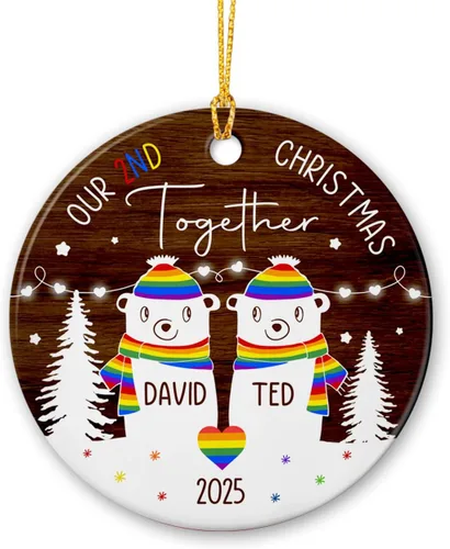 Miniatura 11 de All for Love - Adorno de cerámica LGBT arcoíris para Navidad 2025, adorno de Navidad personalizado para parejas, orgullo gay/lesbiano, adorno