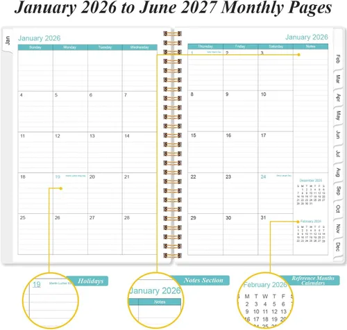 Miniatura 4 de Agenda mensual de 18 meses, julio 2026 a diciembre 2026, dos páginas por mes, agenda de 6.4 x 8.5 pulgadas con pestañas, encuadernación fuerte