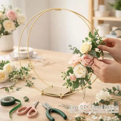 Miniatura 3 de Paquete de 3 centros de mesa de aro floral de metal doble de 12 pulgadas con soporte y alambre de paleta de 38 yardas, decoración de mesa para Dorado