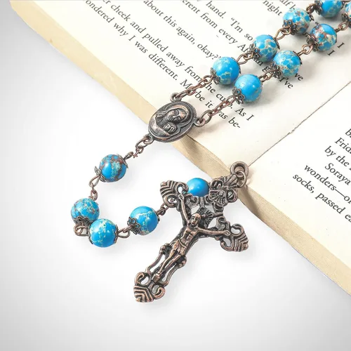 Miniatura 2 de Nazareth Store Collar de cuentas de jaspe azul océano con diseño vintage natural, medalla de suelo sagrado y cruz crucifijo rosarios religiosos