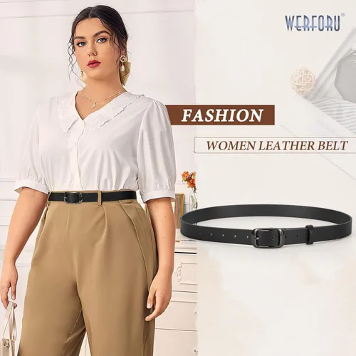 Miniatura 5 de WERFORU Cinturón de cuero negro para mujer, hebilla pulida de talla grande para pantalones vaqueros