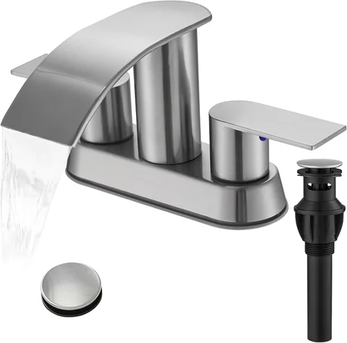 Grifo de lavabo de baño en cascada de 4 pulgadas de níquel cepillado con llave de lavabo de baño con drenaje emergente de 2 o 3 agujeros, grifo