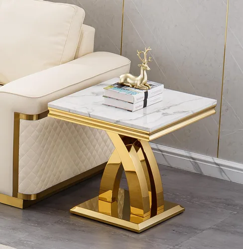 Miniatura 13 de SSLine Mesa de Centro Rectangular de Mármol Sintético para Sala de Estar, Mesa Central Moderna de Mármol Blanco de Lujo con Base Doble en Forma de U