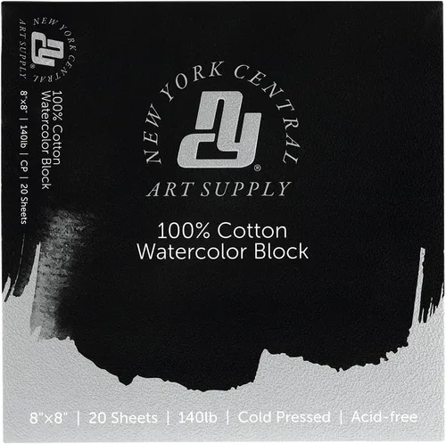 New York Central Bloque de acuarela, prensa en frío de 140 libras de 8 x 8 pulgadas, 20 hojas, papel de acuarela archival para artistas,