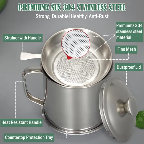 Miniatura 3 de Tellshun Recipiente de grasa de tocino con colador de 1.25 L / 42 oz fuerte atrapador de cocina de acero inoxidable de grado alimenticio con tapa
