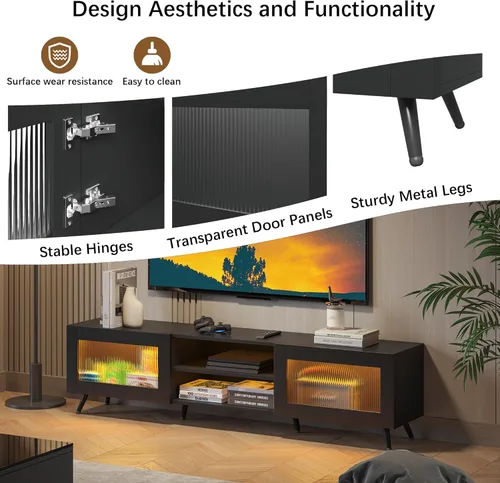 Miniatura 2 de HedoAjim Soporte de TV negro para televisores de 32 a 70 pulgadas, centro de entretenimiento con 2 puertas acrílicas, mesa consola multimedia de 58
