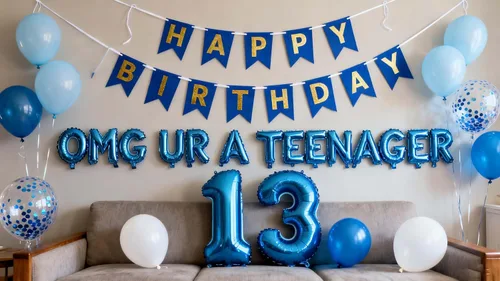 Miniatura 2 de Decoraciones de cumpleaños número 13 azul para niños, pancarta OMG UR A Teenager Happy 13th Birthday Banner número 13 globos de papel de aluminio