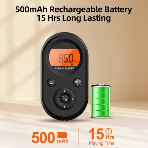 Miniatura 5 de Radio de bolsillo personal AM/FM portátil, radio transistor recargable con la mejor recepción, batería de larga duración, auriculares estéreo