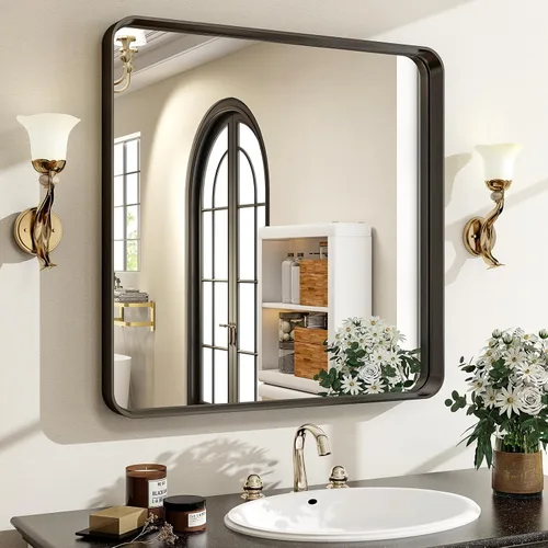 Miniatura 25 de Espejo de baño negro de 36 x 24 pulgadas, moderno espejo rectangular negro para pared con esquinas redondeadas, espejos de baño para tocador, espejo