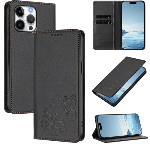 Miniatura 2 de Butterfly Embossed Leather Wallet Flip Case for Motorola Moto E22i 4G, Magnetic Closure, RFID Blocking Cover, Card Holder Black.