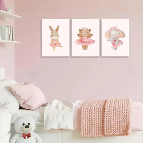 Miniatura 2 de 3 piezas de lienzo de animales de bailarina rosa, arte de pared, lindo elefante, conejo, oso, decoración de pared, imágenes de guardería, habitación