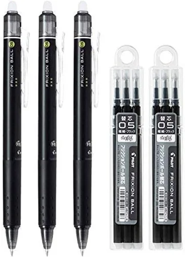 Pilot FriXion Ball Knock - Bolígrafos retráctiles de tinta de gel borrable, punta extrafina de 0.020 in, tinta negra, 3 bolígrafos y 6 recambios