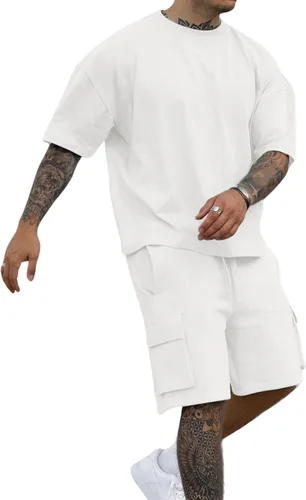 Opomelo Conjunto corto de 2 piezas para hombre, conjunto casual de verano de manga corta con bolsillo tipo cargo
