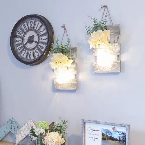 Miniatura 3 de Conjunto de Decoración de Pared Rústica de Dos Piezas - Apliques de Frasco Mason con Luces de Hadas LED y Flor de Rosa, Decoración del Hogar Arte