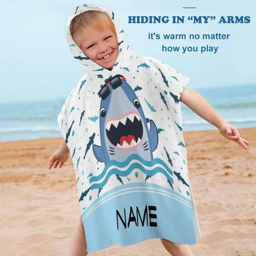 Miniatura 4 de Toalla de baño personalizada con capucha para niños, añade tu nombre, lindo poncho de natación de tiburón, toalla de playa personalizada con capucha