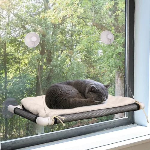 Miniatura 3 de Percha de gato ZALALOVA, asiento de ventana para gato cama grande y resistente manta de forro polar 2025 ventosas de sujeción con tornillo y manta