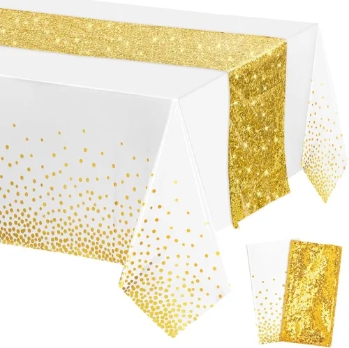 Miniatura 16 de Irenare Juego de Mantel y Camino de Mesa con Lentejuelas, Diseño de Lunares y Confeti, Cubierta de Mesa de Plástico con Purpurina, Decoraciones