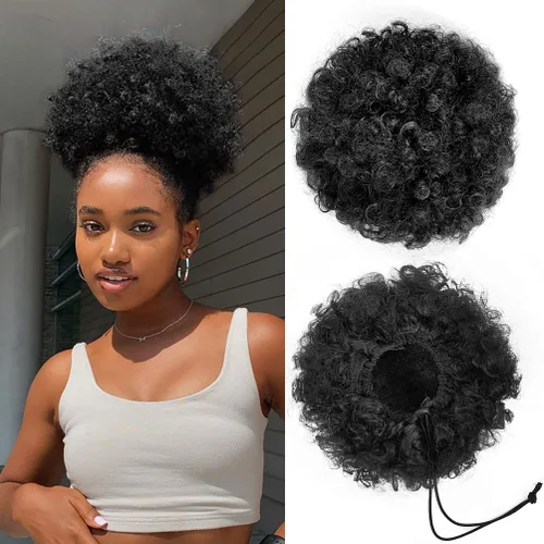 YEAME Cola de Caballo Afro Puff con Cordón para Mujeres Negras, Cola de Caballo Afro Corta Rizada Crespa Sintética Hair Puffs, Moño Afro Negro Negro