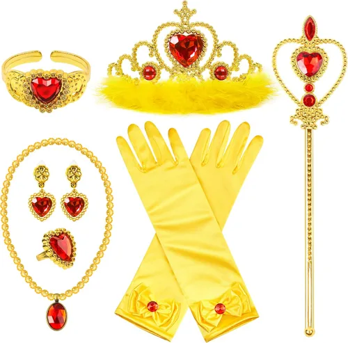Miniatura 9 de Accesorios de disfraz de princesa BIBUTY, juego de 7 piezas para niñas pequeñas con corona de princesa, varita, guantes, collar, aretes, pulsera