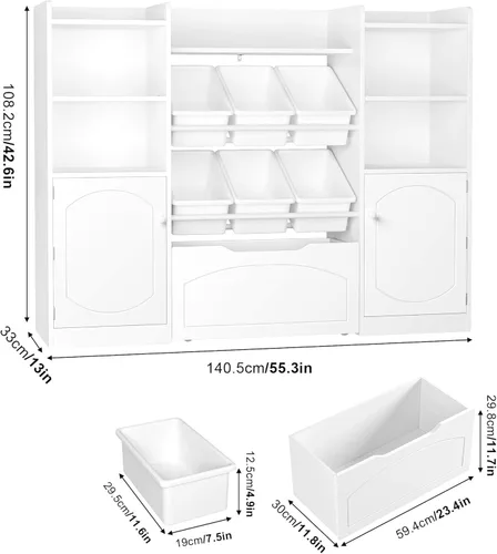 Miniatura 2 de FINETONES Organizador de almacenamiento de juguetes de 55 pulgadas con 6 contenedores de juguetes, estantería grande 5 en 1 para niños con cofres