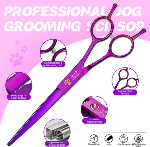 Miniatura 4 de JASON Kit profesional de tijeras para perros 6 en 1: rectas, adelgazantes, chunker, tijeras curvadas y peine para cabello largo y corto y gato