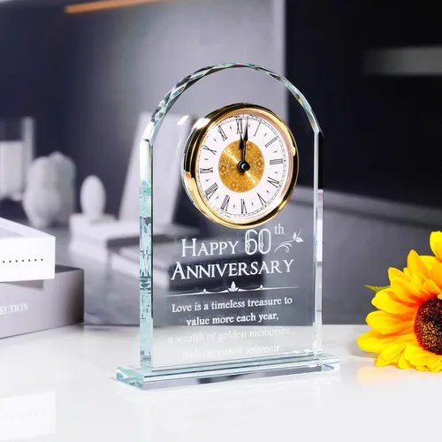 Miniatura 5 de YWHL Reloj de cuarzo feliz 60 aniversario para padres y abuelos, regalos de recuerdo de vidrio de 60 años de aniversario de boda para pareja