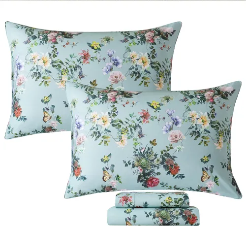 Miniatura 70 de FADFAY Juego de sábanas tamaño King, 100% algodón, elegante ropa de cama de granja con hojas verdes menta y flores blancas, sábana suave