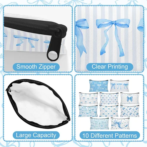Miniatura 3 de 30 bolsas de maquillaje con lazo azul, bolsas de cosméticos con lazo coqueta para mujeres, bolsa de aseo de viaje, bolsa de aseo de coqueta