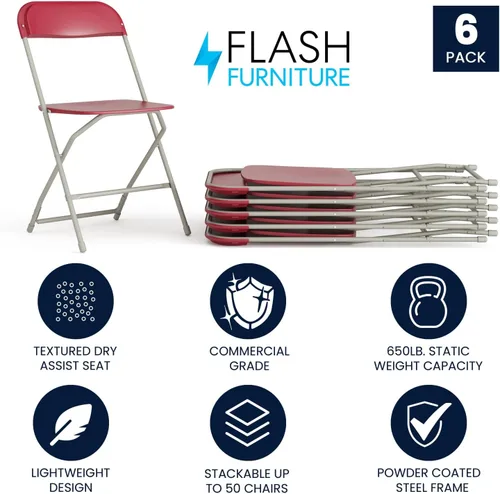 Miniatura 3 de Flash Furniture Hercules Series Silla plegable de plástico, color rojo, paquete de 6, capacidad de peso de 650 libras, cómoda silla para eventos
