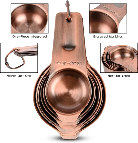 Miniatura 7 de Juego de tazas y cucharas medidoras, juego de tazas y cucharas medidoras de cobre para seco y líquido, taza métrica y de acero inoxidable 7 de EE.