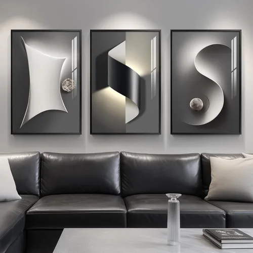 Miniatura 11 de Juego de arte moderno enmarcado de 3 piezas, arte abstracto de líneas geométricas en blanco y negro, pinturas artísticas de lujo contemporáneas