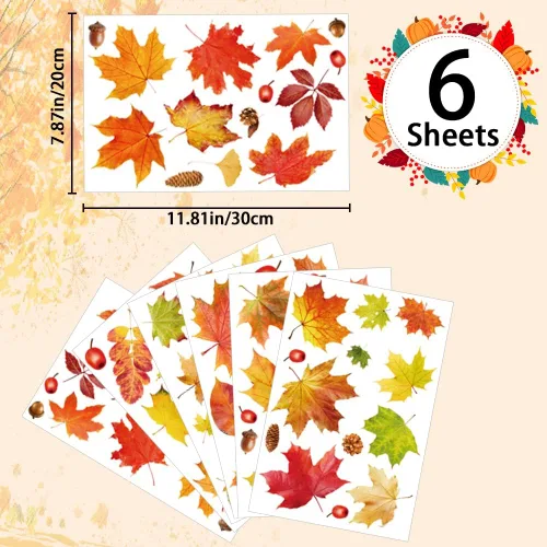 Miniatura 2 de YUJUN 6 hojas de calcomanías de ventana de otoño de Acción de Gracias, hojas de arce, conos de pino, calcomanías para ventana de vidrio de otoño
