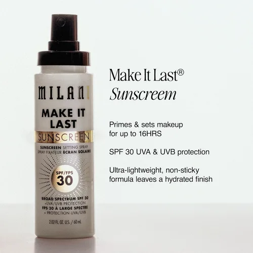 Miniatura 3 de Milani Spray de fijación y base de maquillaje + protector solar, protector solar duradero para la cara - SPF 30 Protección UVA y UVB Fórmula rica